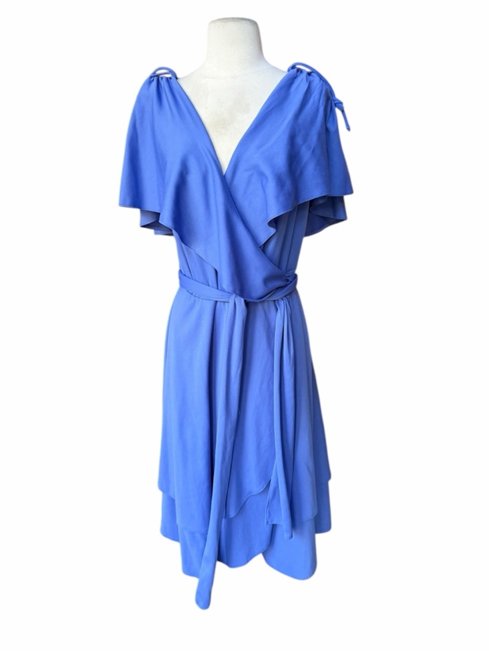 1970s Roaman’s Poly Knit Periwinkle Mid-Length Wrap Dress